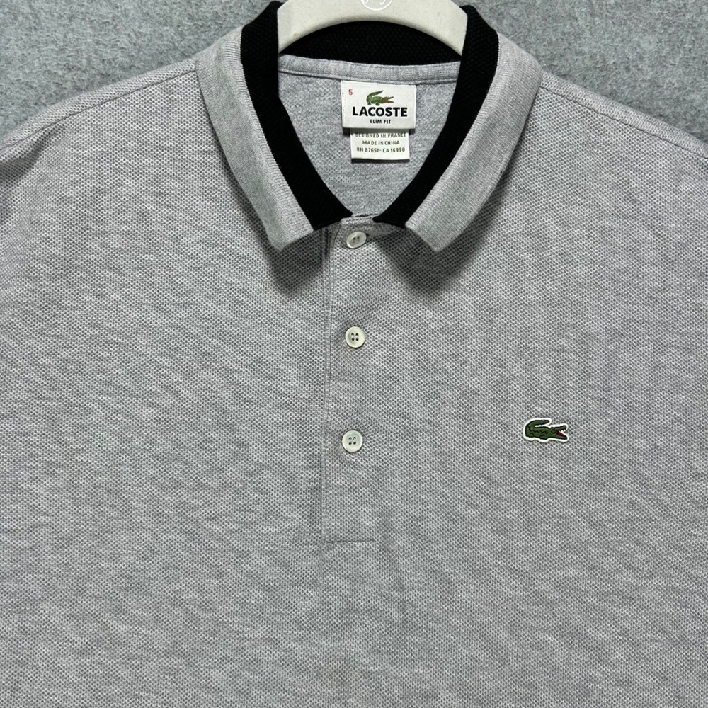 Lacoste Polo Shirt Slim Fit Mens 5 Grey Pique Knit Preppy Classic